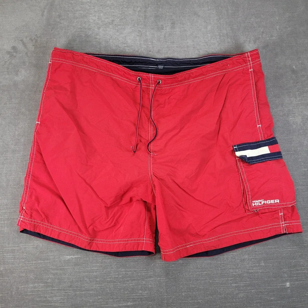 Tommy‎ Hilfiger Y2K Mens Red Cargo Swim Trunks XL Mesh Lined Board Shorts